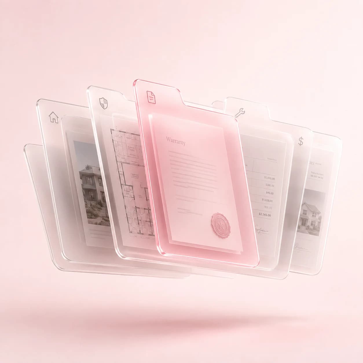 Glass folder tabs holding a warranty, blueprints, invoices and photos